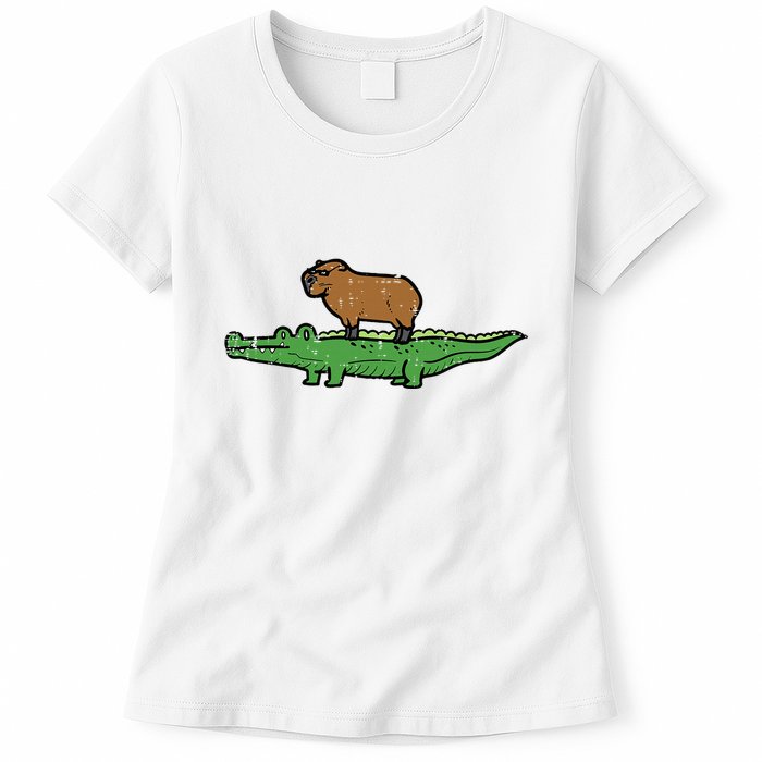 Capybara On Crocodile Capy Alligator Rodent Womens T-Shirt