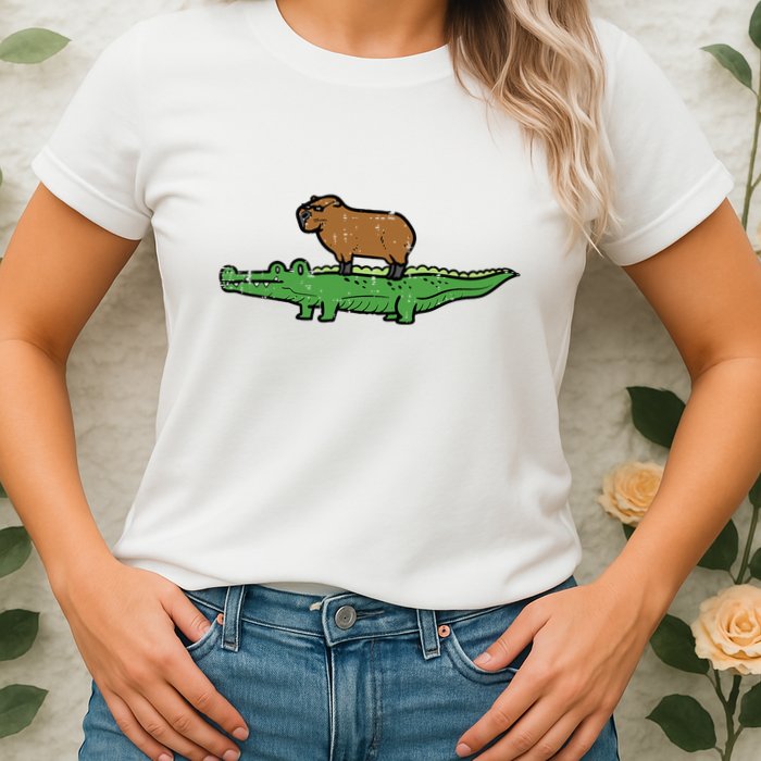 Capybara On Crocodile Capy Alligator Rodent Womens T-Shirt