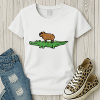 Capybara On Crocodile Capy Alligator Rodent Womens T-Shirt