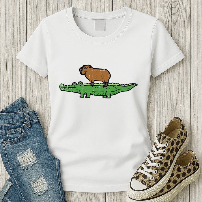 Capybara On Crocodile Capy Alligator Rodent Womens T-Shirt