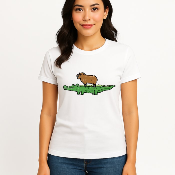 Capybara On Crocodile Capy Alligator Rodent Womens T-Shirt