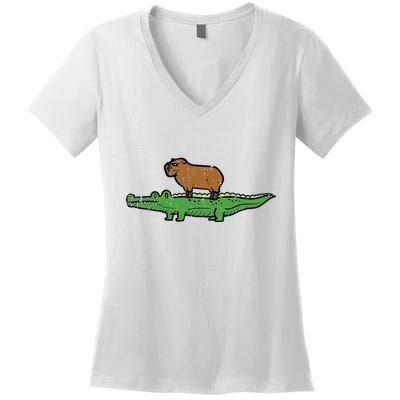 Capybara On Crocodile Capy Alligator Rodent Women's V-Neck T-Shirt