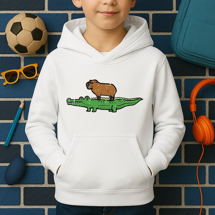 Capybara On Crocodile Capy Alligator Rodent Kids Hoodie