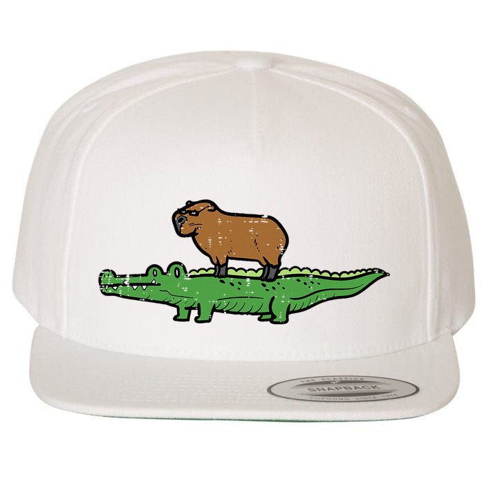 Capybara On Crocodile Capy Alligator Rodent Wool Snapback Cap