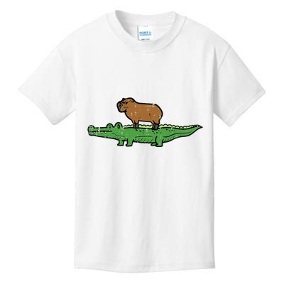 Capybara On Crocodile Capy Alligator Rodent Kids T-Shirt