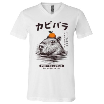 Capybara Onsen Capybara With Orange Capybara Lovers V-Neck T-Shirt