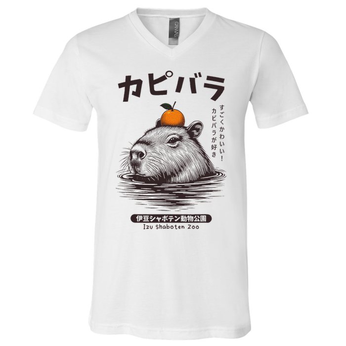 Capybara Onsen Capybara With Orange Capybara Lovers V-Neck T-Shirt