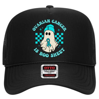 Cute Ovarian Cancer Is Boo Sheet Halloween Ghost Teal Ribbon High Crown Mesh Back Trucker Hat