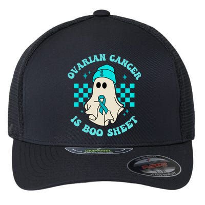 Cute Ovarian Cancer Is Boo Sheet Halloween Ghost Teal Ribbon Flexfit Unipanel Trucker Cap