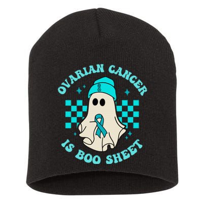 Cute Ovarian Cancer Is Boo Sheet Halloween Ghost Teal Ribbon Short Acrylic Beanie