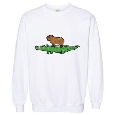Capybara On Crocodile Capy Alligator Rodent Garment-Dyed Sweatshirt
