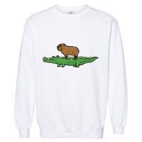 Capybara On Crocodile Capy Alligator Rodent Garment-Dyed Sweatshirt