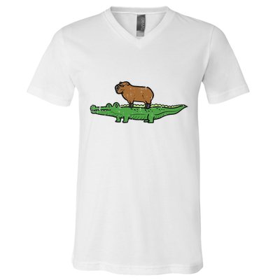 Capybara On Crocodile Capy Alligator Rodent V-Neck T-Shirt