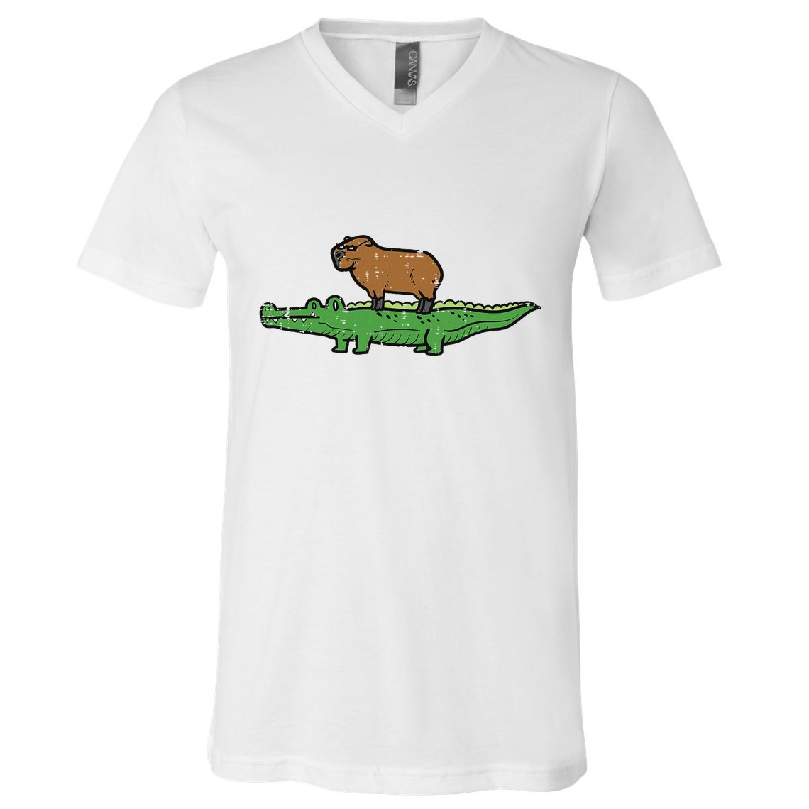 Capybara On Crocodile Capy Alligator Rodent V-Neck T-Shirt