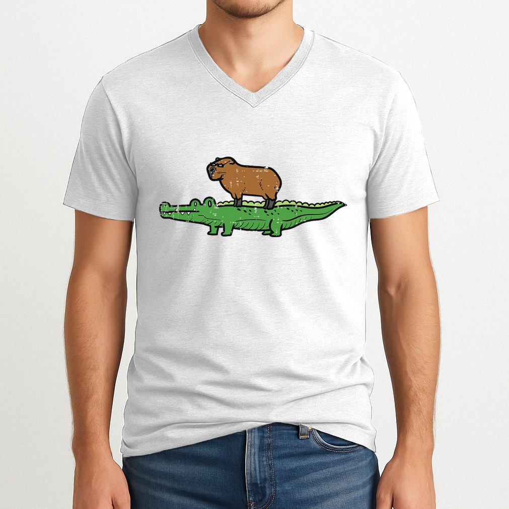 Capybara On Crocodile Capy Alligator Rodent V-Neck T-Shirt