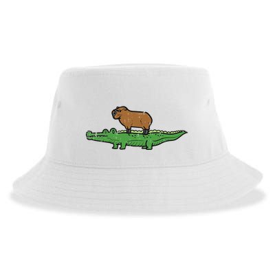 Capybara On Crocodile Capy Alligator Rodent Sustainable Bucket Hat