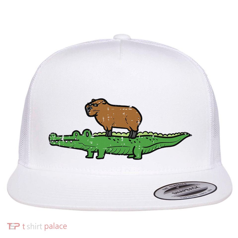 Capybara On Crocodile Capy Alligator Rodent Flatbill Hat