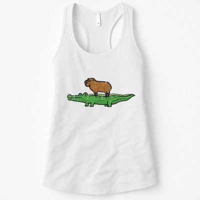 Capybara On Crocodile Capy Alligator Rodent Womens Tank Top