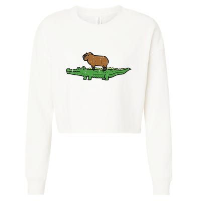 Capybara On Crocodile Capy Alligator Rodent Cropped Pullover Crew