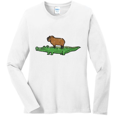 Capybara On Crocodile Capy Alligator Rodent Ladies Long Sleeve Shirt
