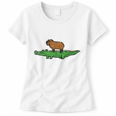 Capybara On Crocodile Capy Alligator Rodent Womens T-Shirt