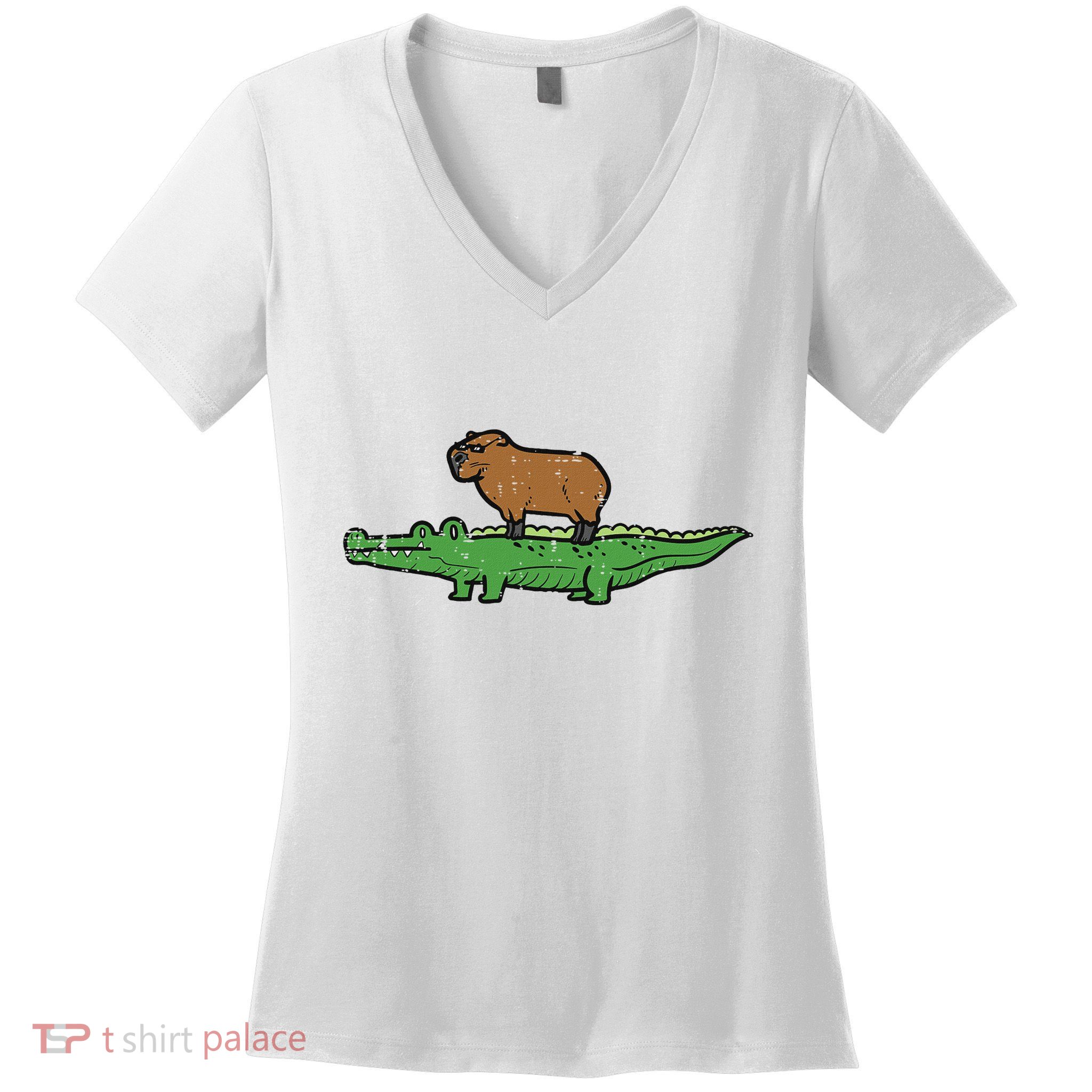 Capybara On Crocodile Capy Alligator Rodent Women's V-Neck T-Shirt