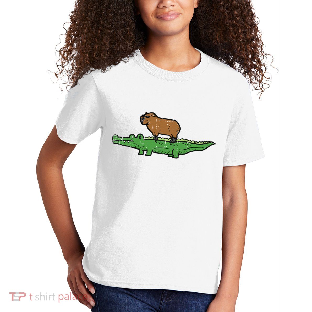 Capybara On Crocodile Capy Alligator Rodent Kids T-Shirt