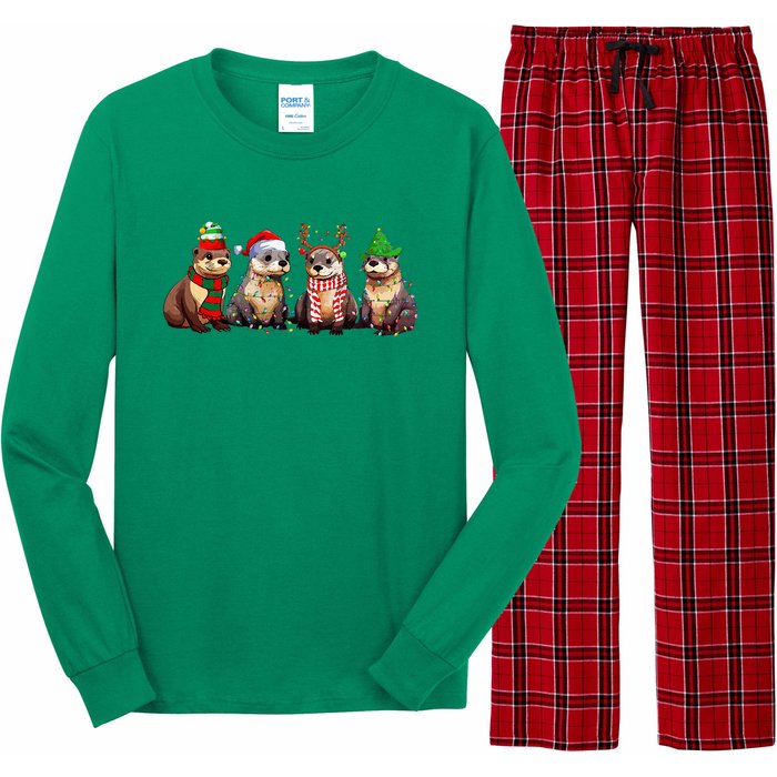 Cute Otter Christmas Pajama Funny Xmas Lights Animals Lover Long Sleeve Pajama Set