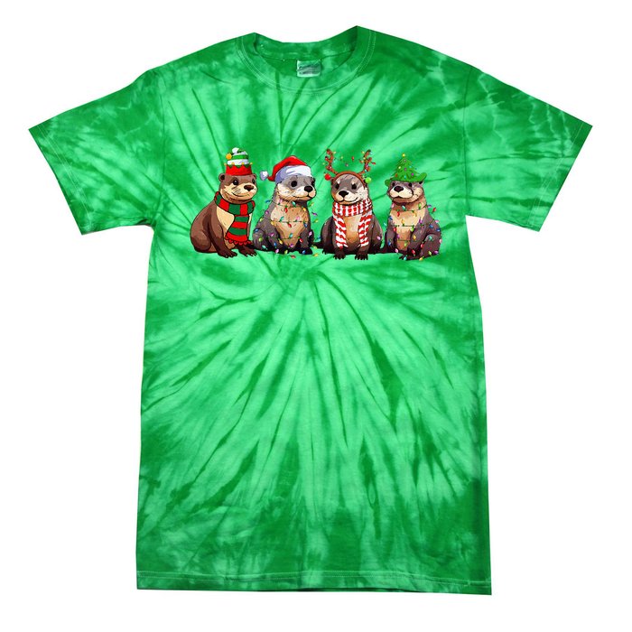 Cute Otter Christmas Pajama Funny Xmas Lights Animals Lover Tie-Dye T-Shirt