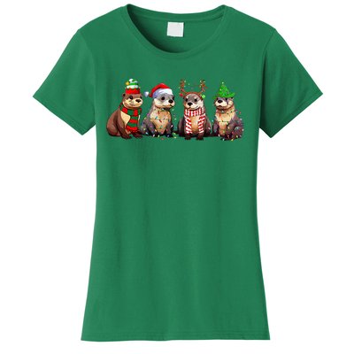 Cute Otter Christmas Pajama Funny Xmas Lights Animals Lover Women's T-Shirt