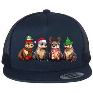 Cute Otter Christmas Pajama Funny Xmas Lights Animals Lover Flat Bill Trucker Hat