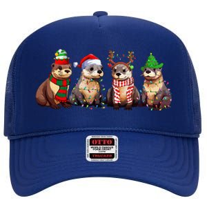 Cute Otter Christmas Pajama Funny Xmas Lights Animals Lover High Crown Mesh Back Trucker Hat