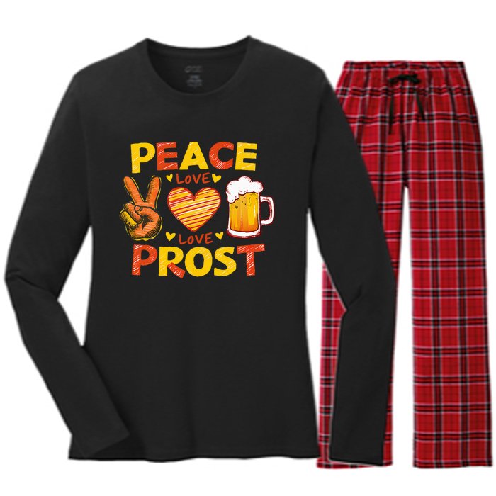 Cute Oktoberfest Costume Peace Love Prost Prost Oktoberfest Women's Long Sleeve Flannel Pajama Set 