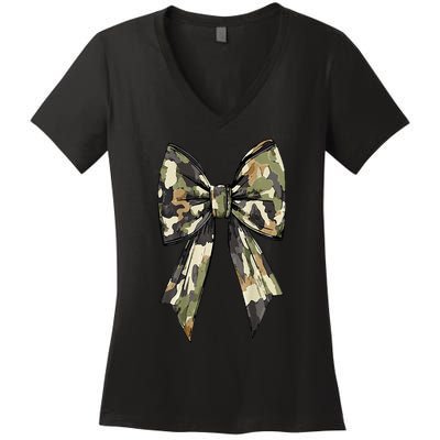 Camouflage Old Camo Bow Camo Coquette Bow Hunting Women Girl Women's V-Neck T-Shirt