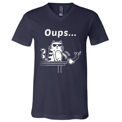 Cat Oups Coffee Funny Cool Cat With Sunglasses V-Neck T-Shirt