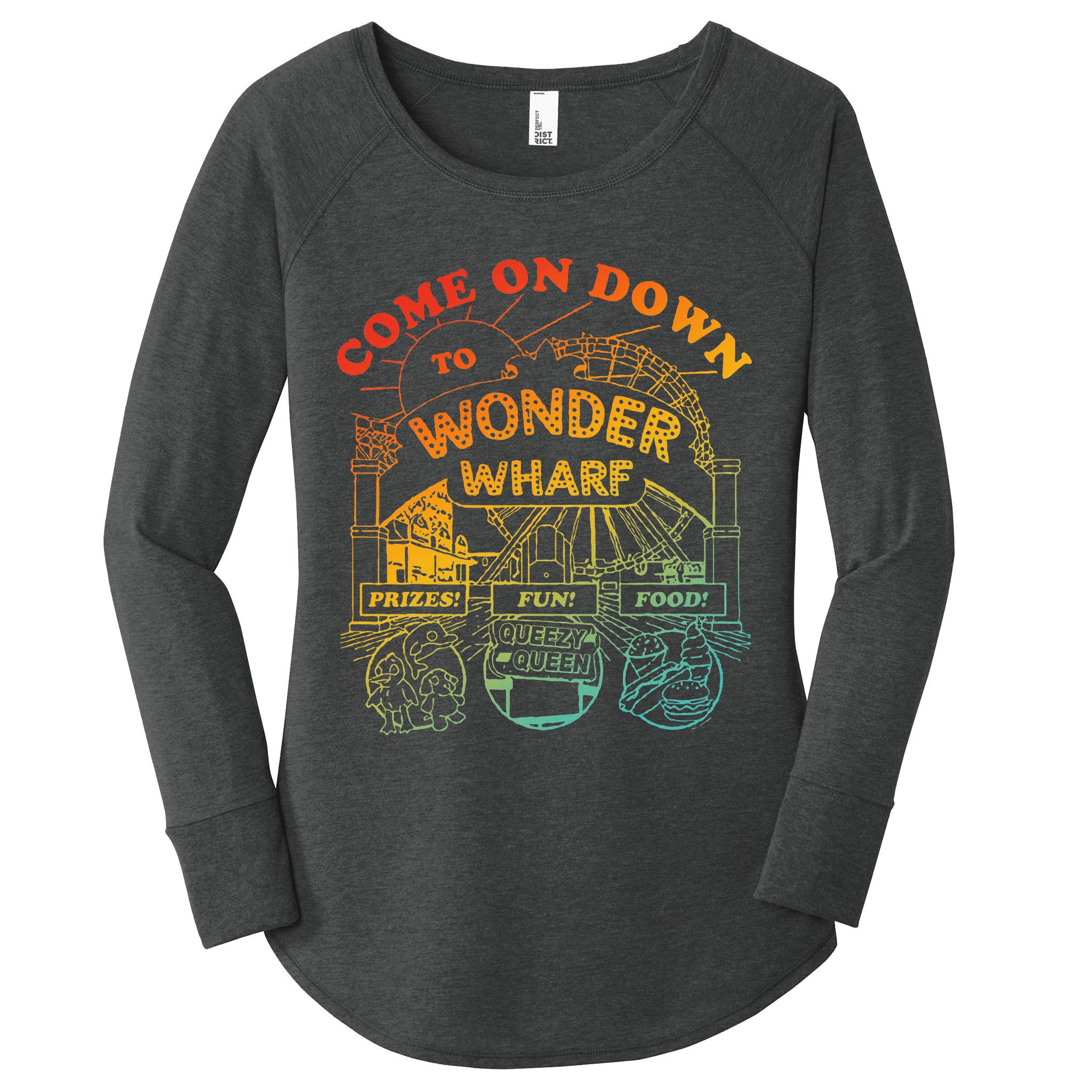 Come On Down To Wonder Wharf Prizes Fun Queezy Queen Food Women's Perfect Tri Tunic Long Sleeve Shirt