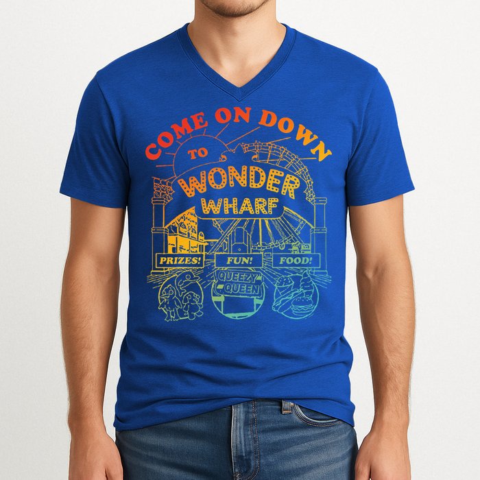 Come On Down To Wonder Wharf Prizes Fun Queezy Queen Food V-Neck T-Shirt