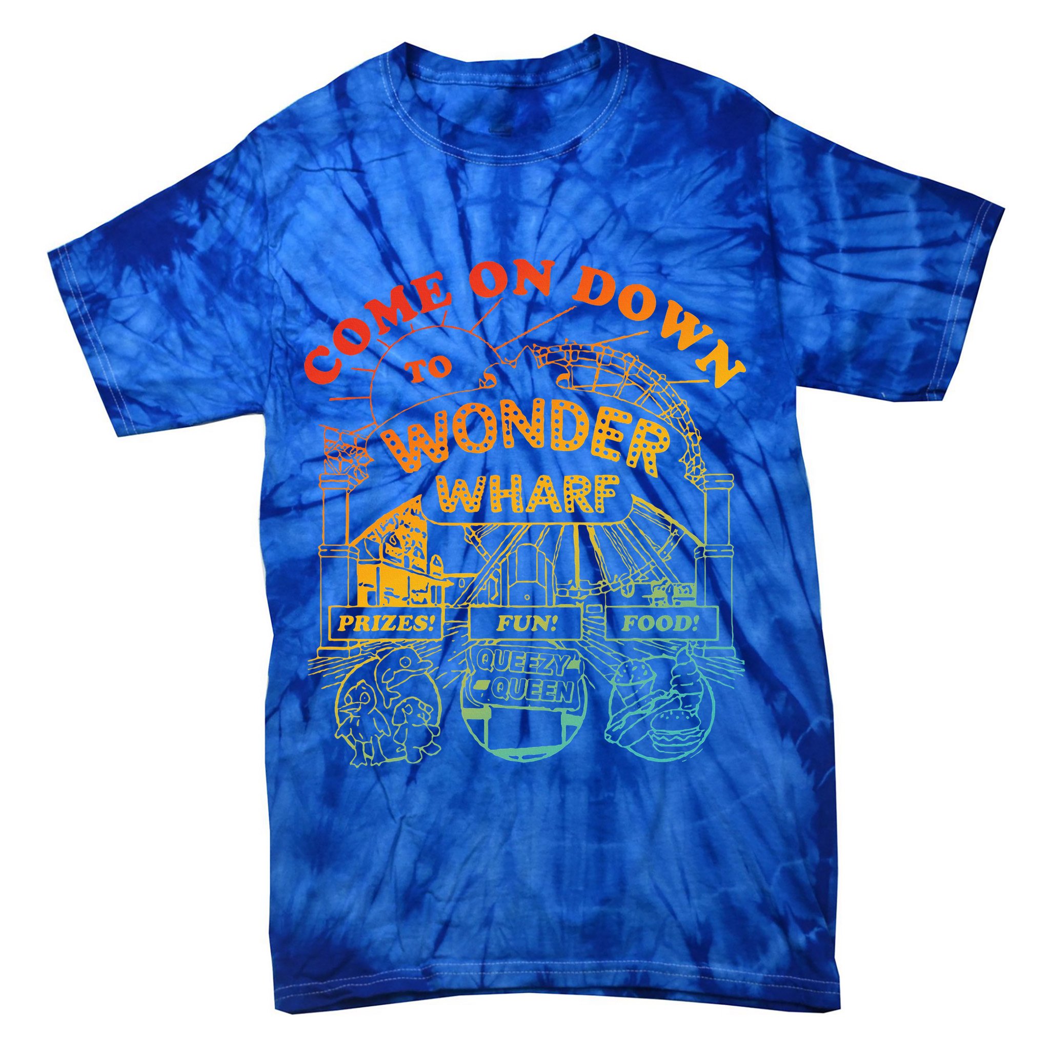 Come On Down To Wonder Wharf Prizes Fun Queezy Queen Food Tie-Dye T-Shirt