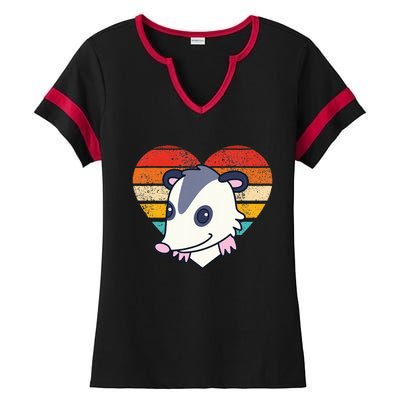 Cute Opossum Design Retro Heart Shape Vintage Ladies Halftime Notch Neck Tee