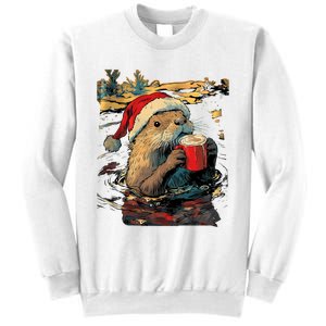 Christmas Otter Drinks Coffee Art Print Sweatshirt Sweatshirt