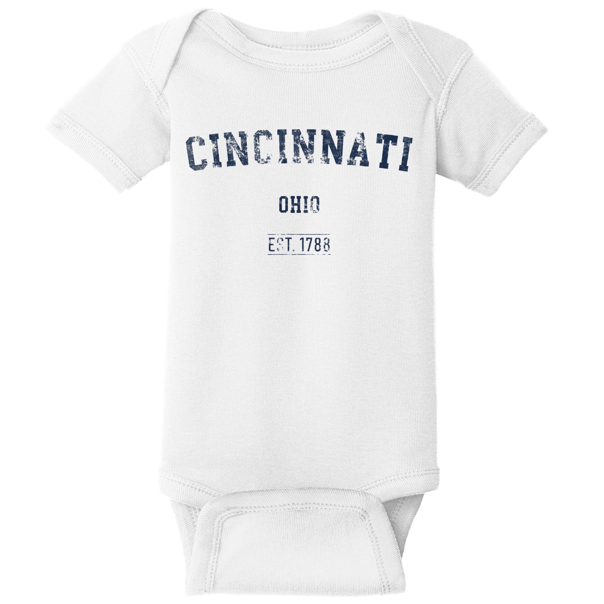 Cincinnati Ohio Distressed Text Sport Style Baby Bodysuit