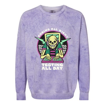 Coding All Night Testing All Day Skeleton Colorblast Crewneck Sweatshirt