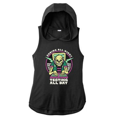 Coding All Night Testing All Day Skeleton Ladies PosiCharge Tri-Blend Wicking Draft Hoodie Tank