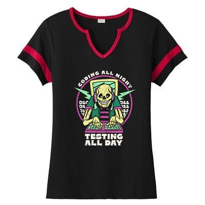 Coding All Night Testing All Day Skeleton Ladies Halftime Notch Neck Tee