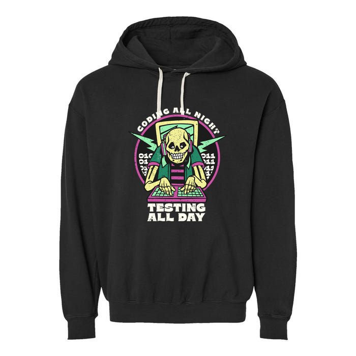 Coding All Night Testing All Day Skeleton Garment-Dyed Fleece Hoodie