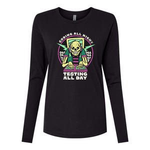 Coding All Night Testing All Day Skeleton Womens Cotton Relaxed Long Sleeve T-Shirt