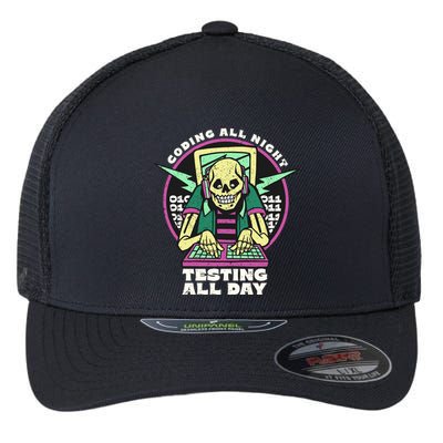 Coding All Night Testing All Day Skeleton Flexfit Unipanel Trucker Cap