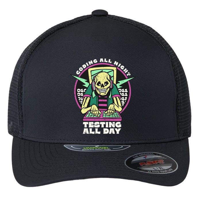 Coding All Night Testing All Day Skeleton Flexfit Unipanel Trucker Cap