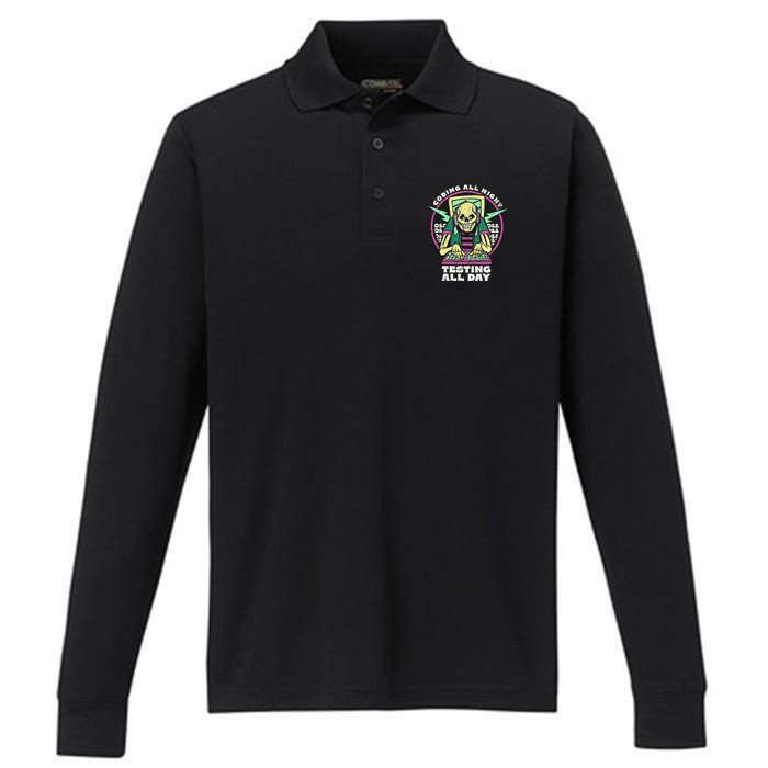 Coding All Night Testing All Day Skeleton Performance Long Sleeve Polo