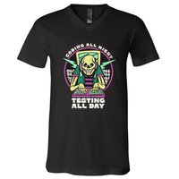 Coding All Night Testing All Day Skeleton V-Neck T-Shirt